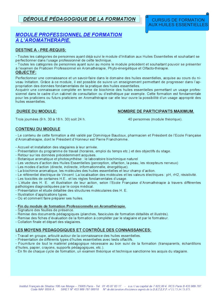 Description du Module Professionnel de Formation à l'Aromathérapie