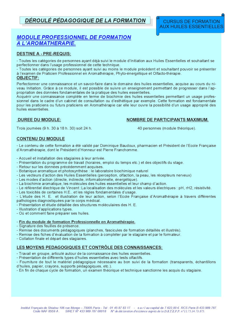 Description du Module Professionnel de Formation à l'Aromathérapie