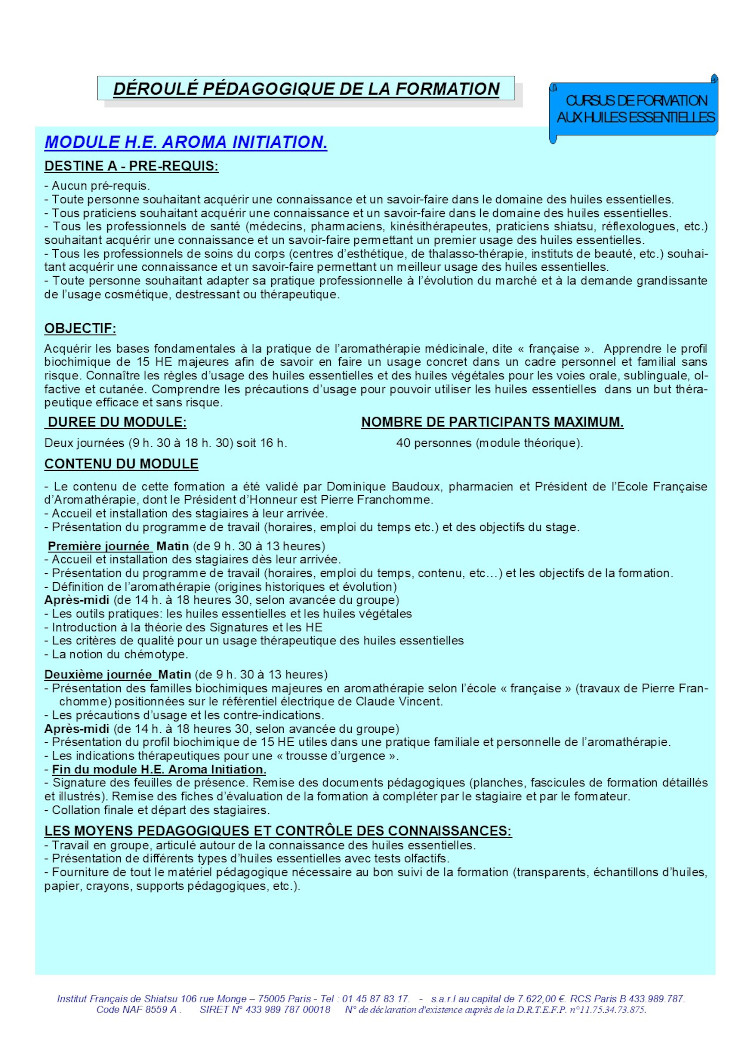 Description du Module Initiation aux Huiles essentielles