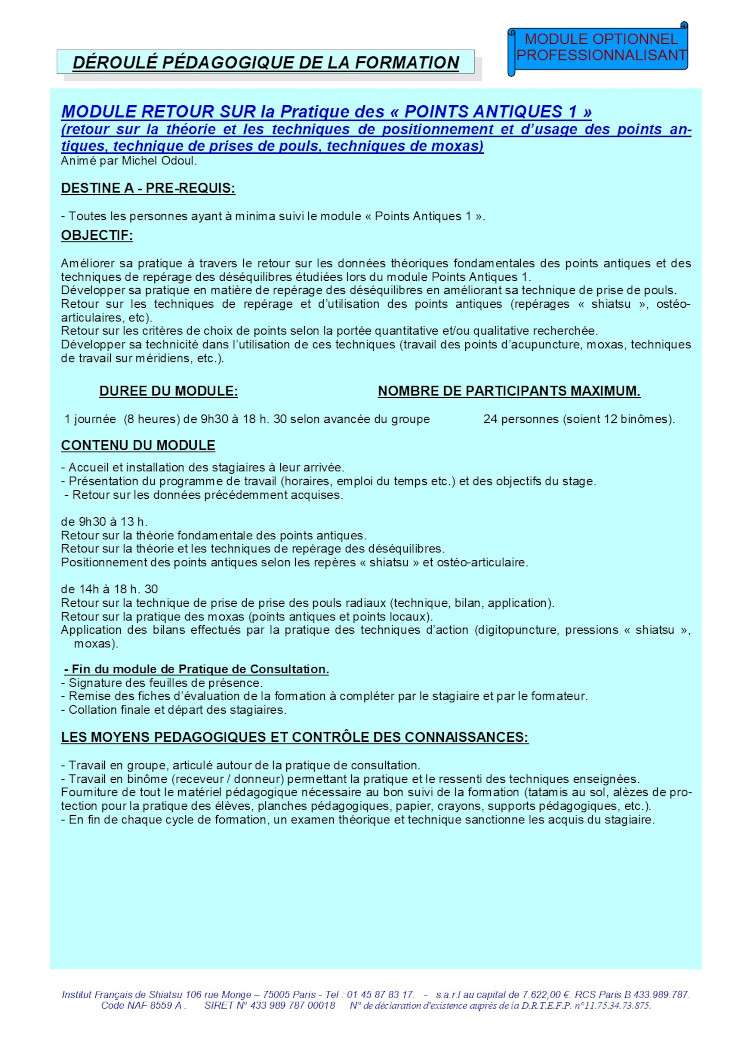 Module retour sur la pratique des Points Antiques 1 