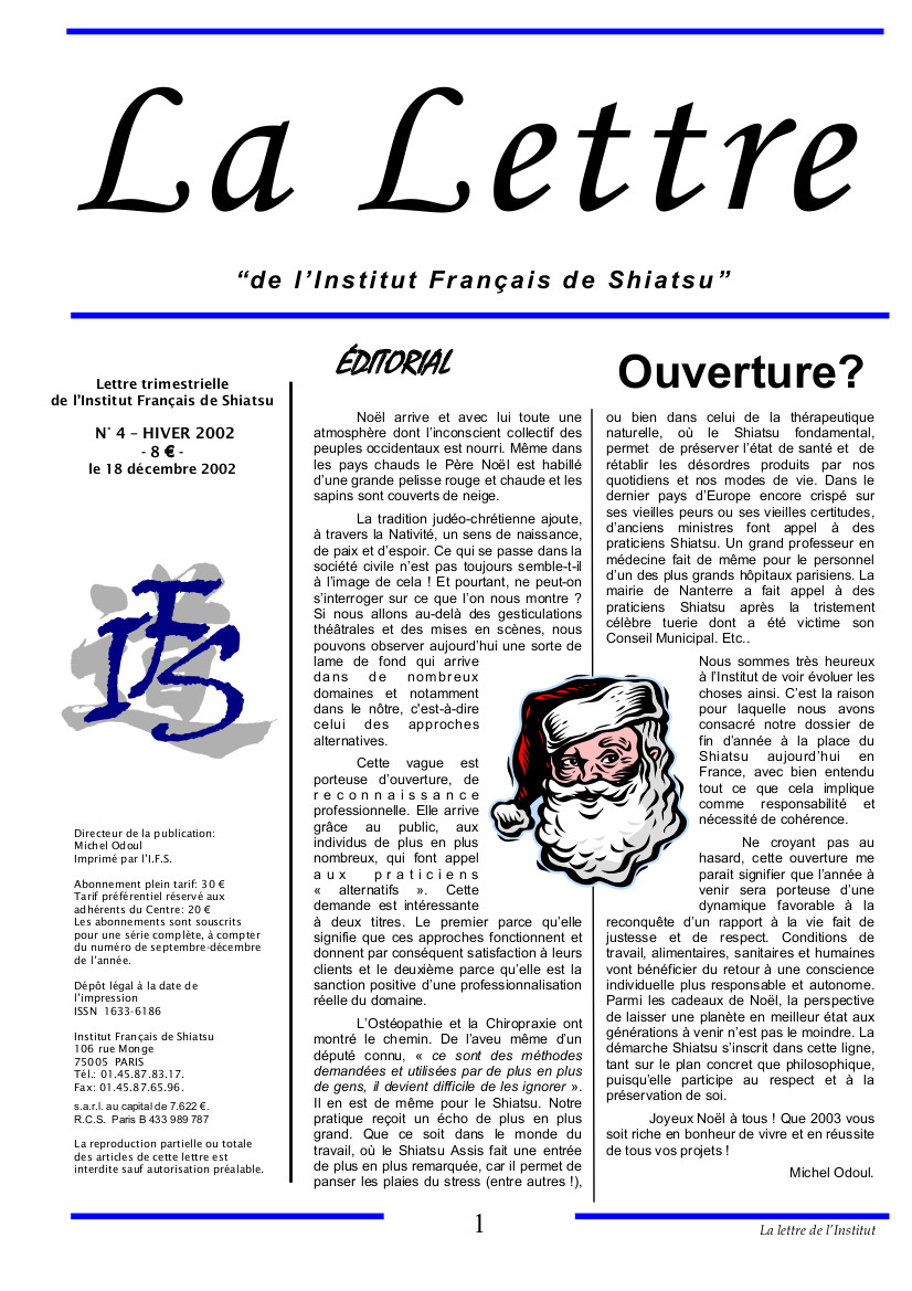 La Lettre de l'Institut Français de Shiatsu, Hiver 2002