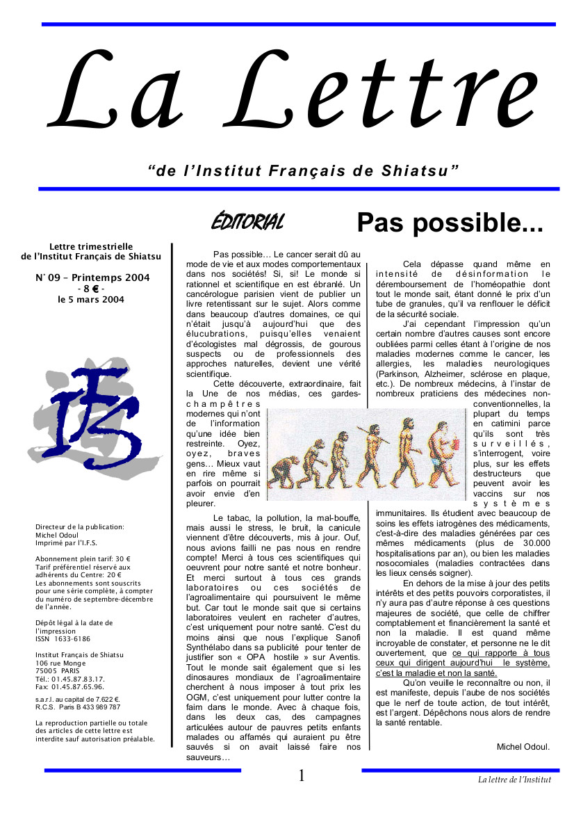 La Lettre de l'Institut Français de Shiatsu, Printemps 2004