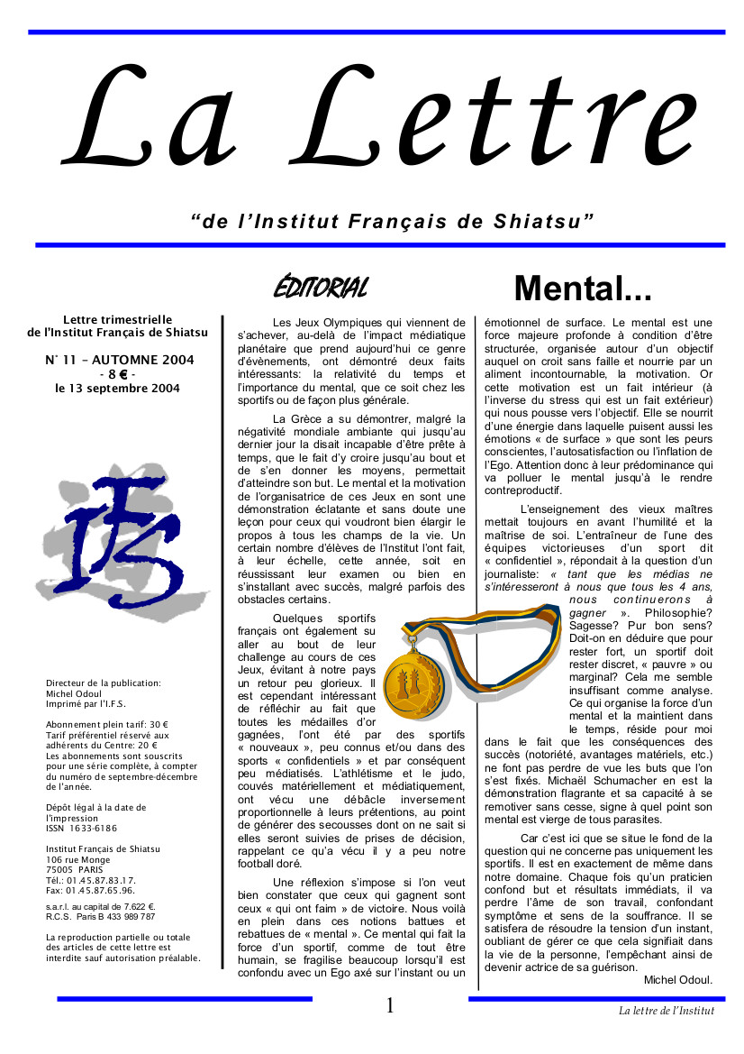 La Lettre de l'Institut Français de Shiatsu, Automne 2004