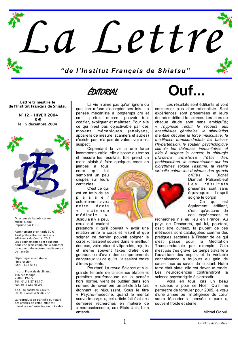 La Lettre de l'Institut Français de Shiatsu, Hiver 2004
