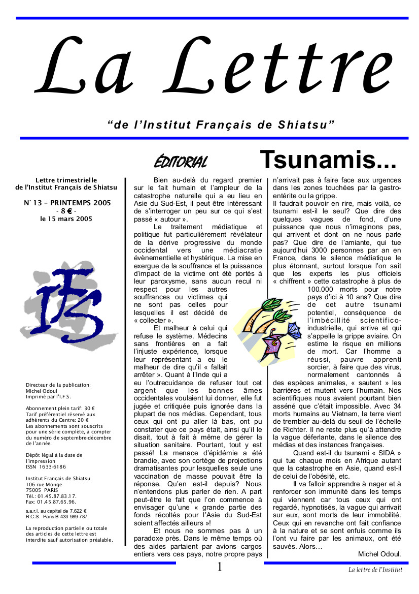 La Lettre de l'Institut Français de Shiatsu, Printemps 2005