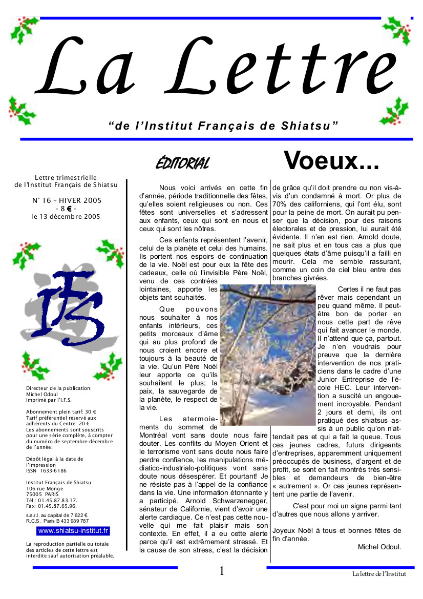 La Lettre de l'Institut Français de Shiatsu, Hiver 2005