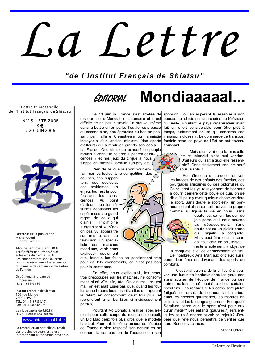 La Lettre de l'Institut Français de Shiatsu, Eté 2006