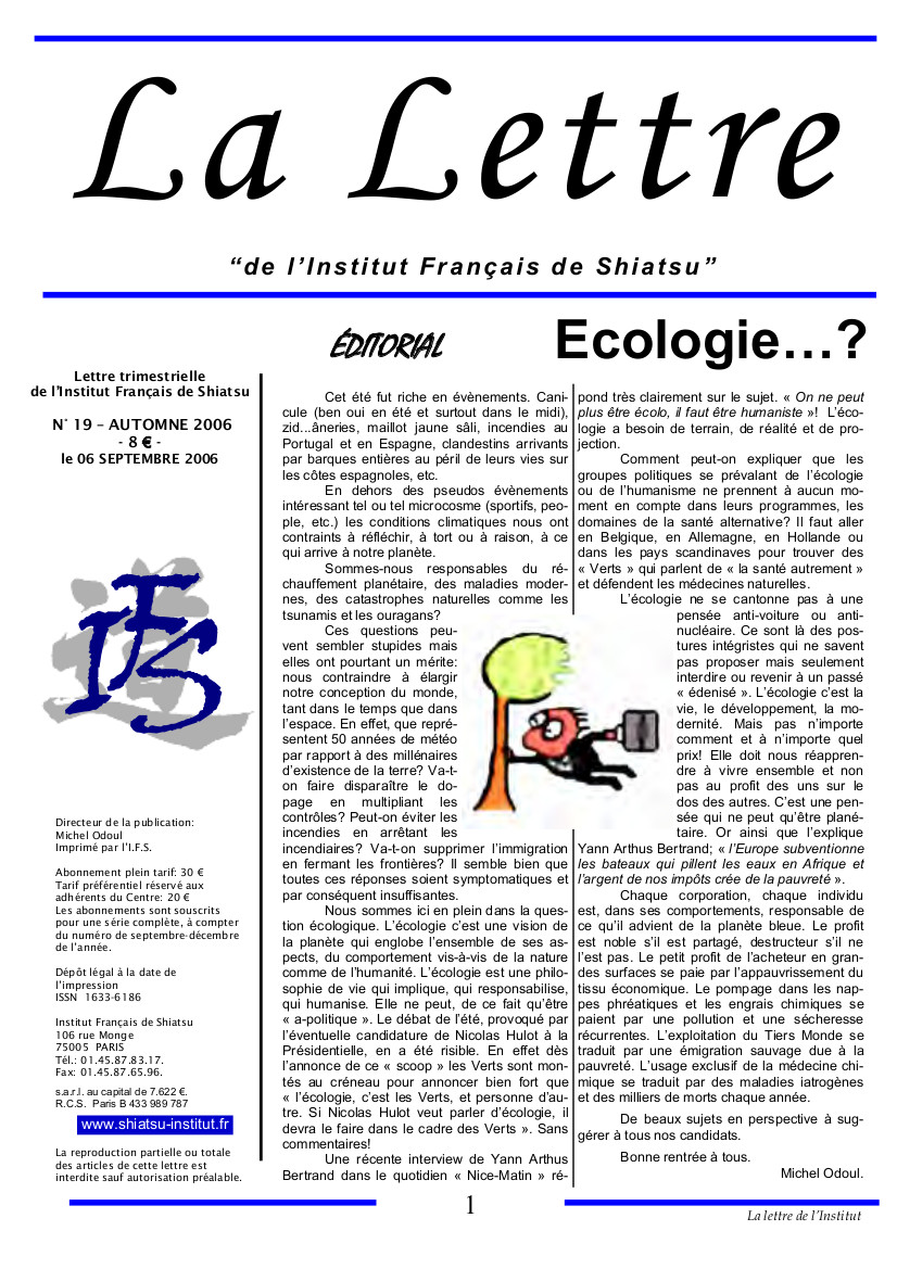 La Lettre de l'Institut Français de Shiatsu, Automne 2006