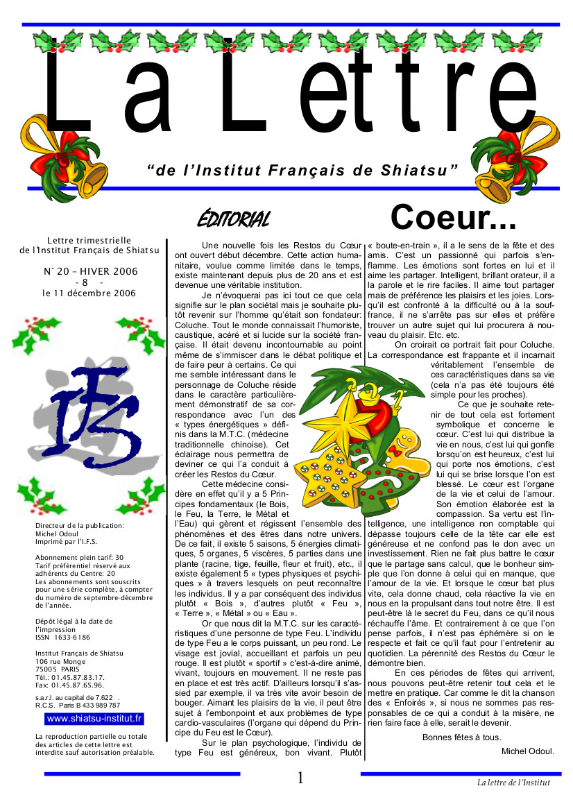 La Lettre de l'Institut Français de Shiatsu, Hiver 2006