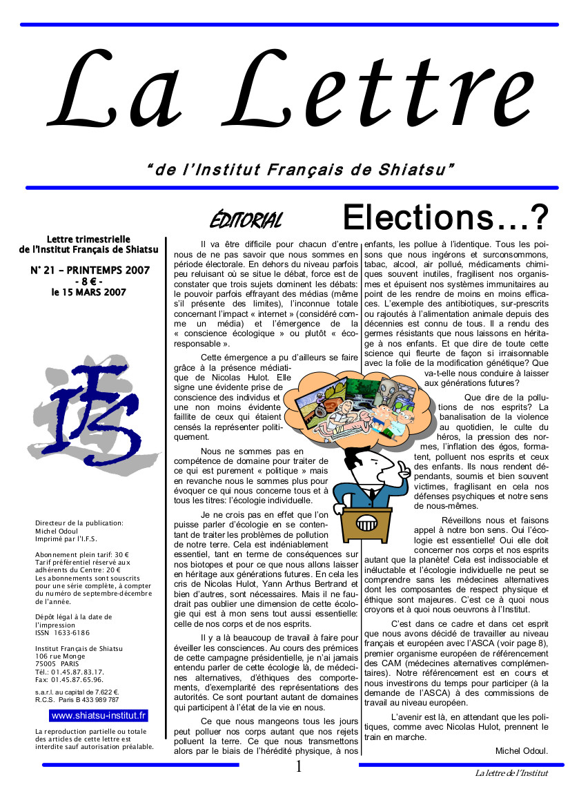 La Lettre de l'Institut Français de Shiatsu, Printemps 2007