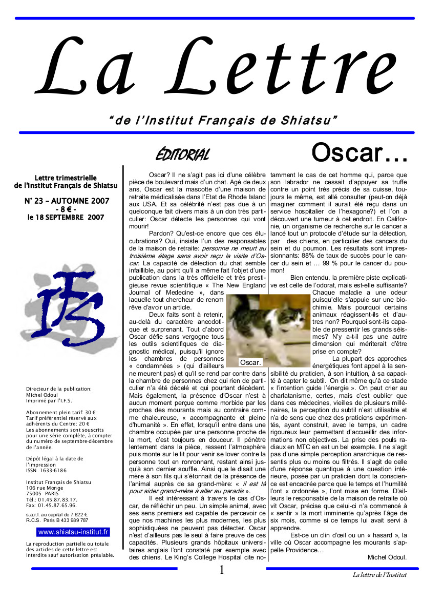 La Lettre de l'Institut Français de Shiatsu, Automne 2007