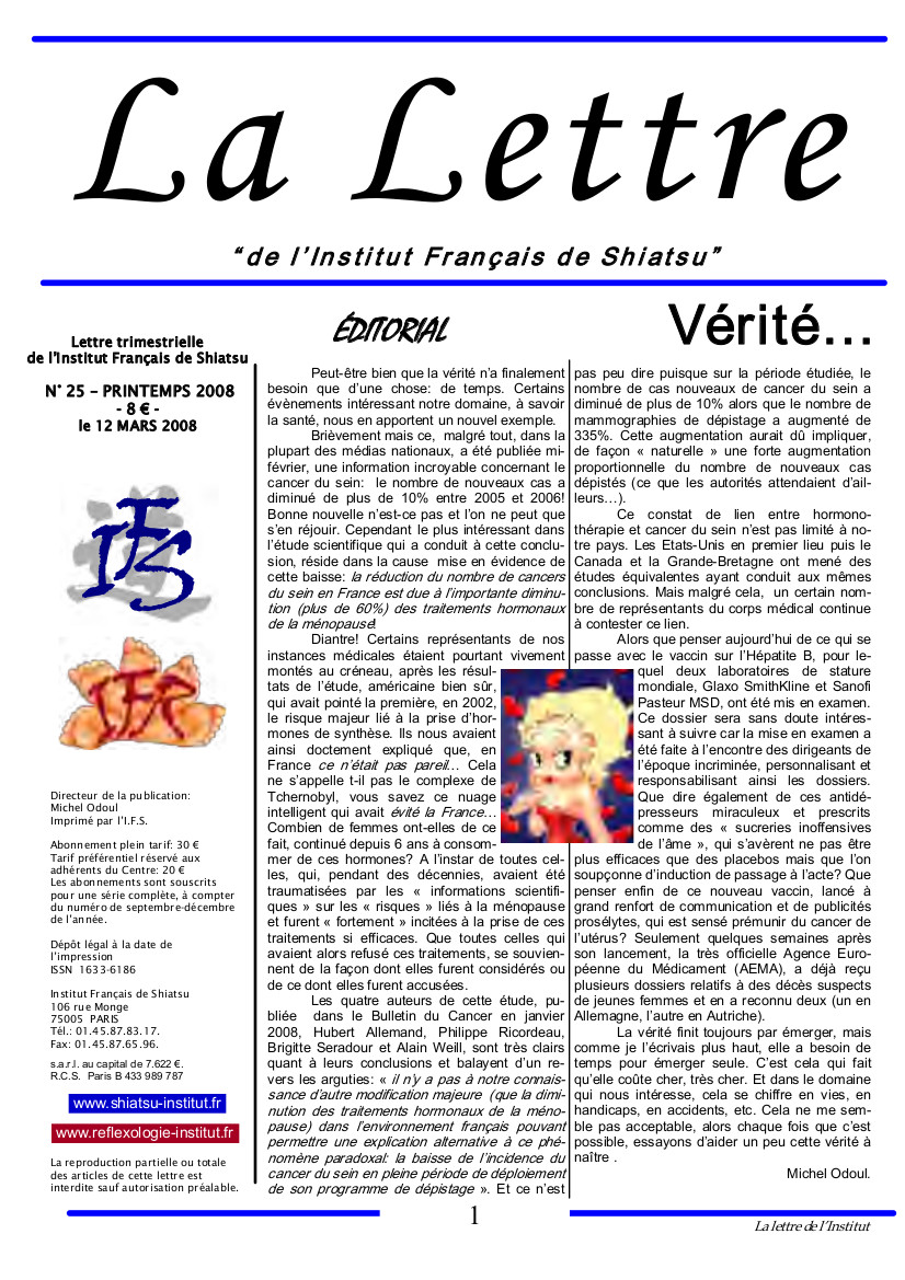 La Lettre de l'Institut Français de Shiatsu, Printemps 2008