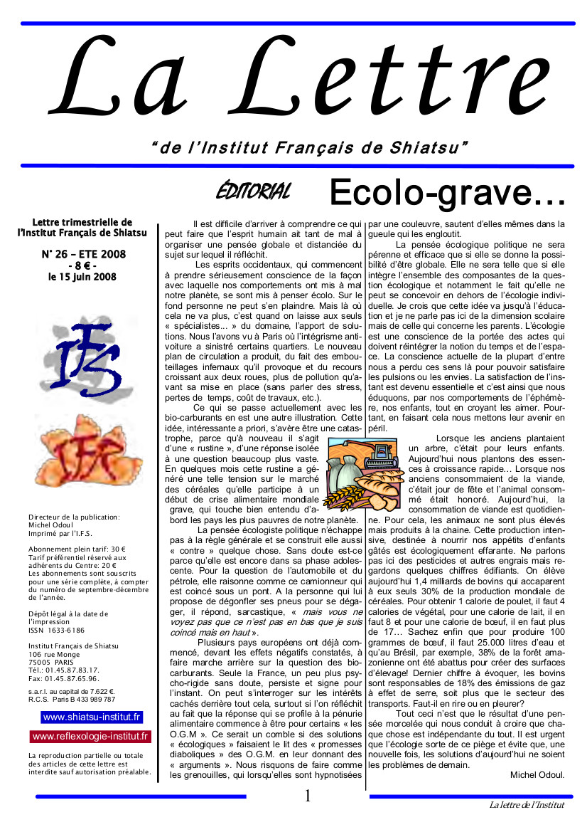 La Lettre de l'Institut Français de Shiatsu, Eté 2008