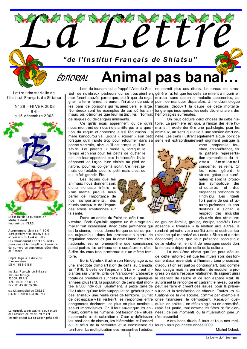 La Lettre de l'Institut Français de Shiatsu, Hiver 2008