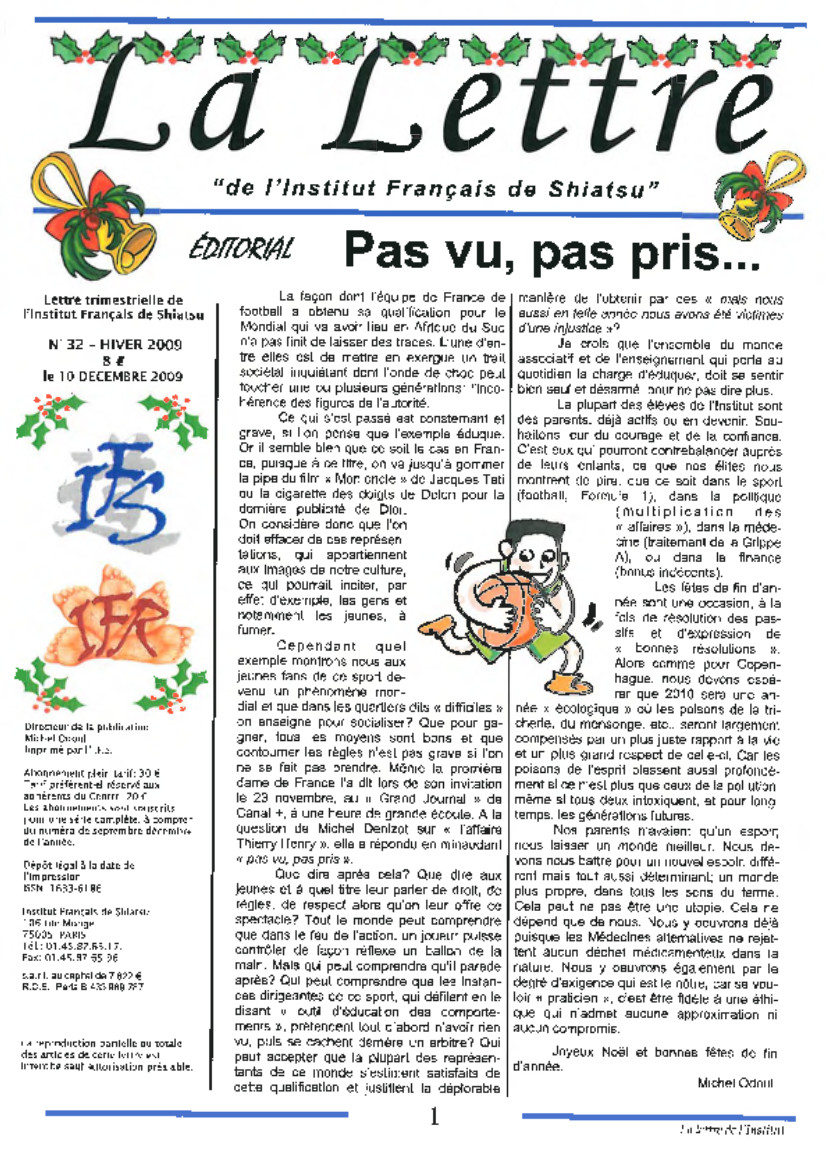 La Lettre de l'Institut Français de Shiatsu, Hiver 2009