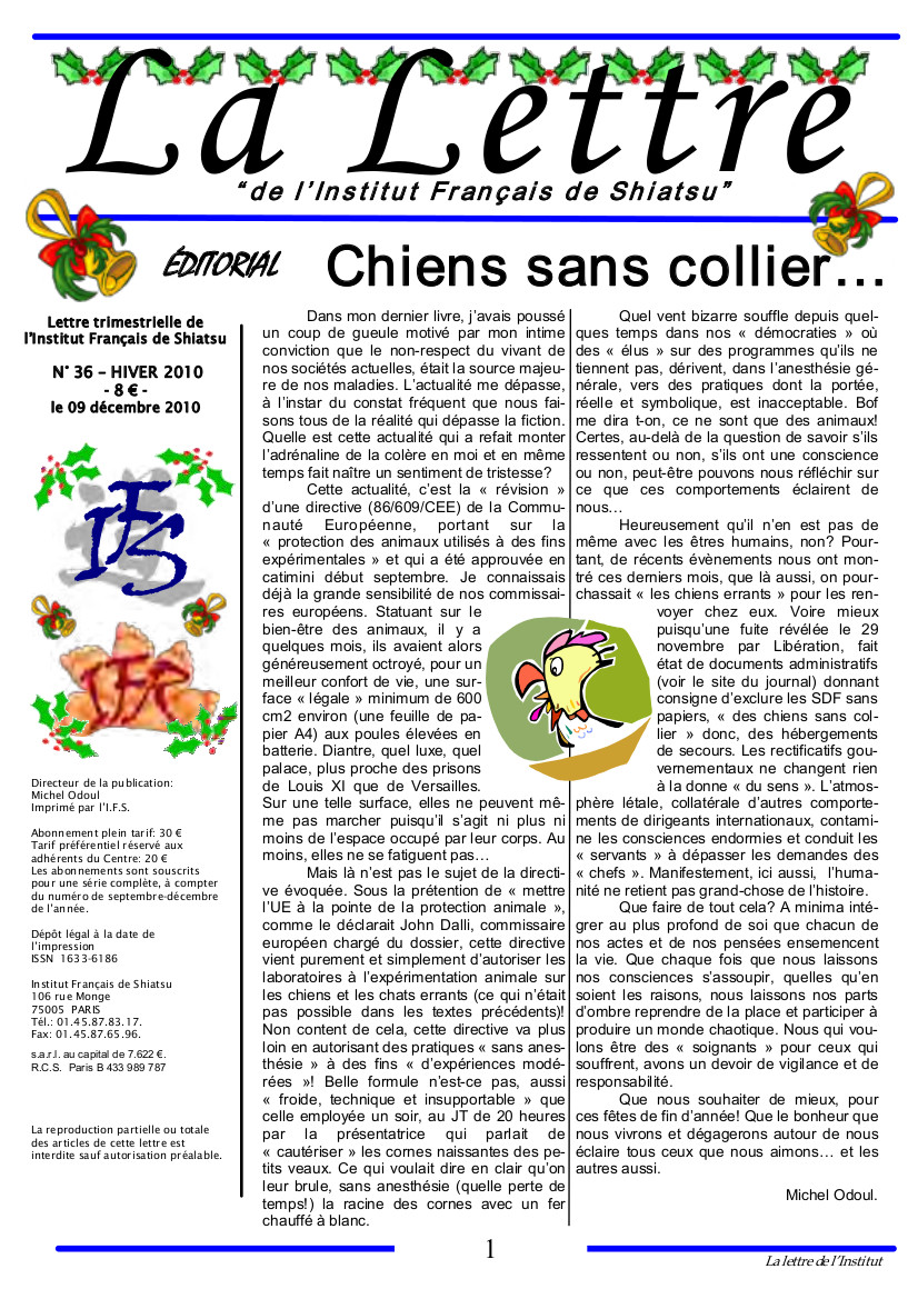 La Lettre de l'Institut Français de Shiatsu, Hiver 2010