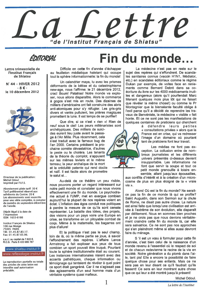 La Lettre de l'Institut Français de Shiatsu, Hiver 2012