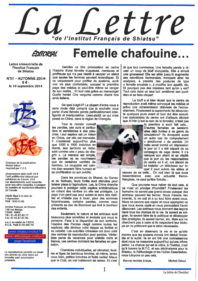 La Lettre de l'Institut Français de Shiatsu, Automne 2014