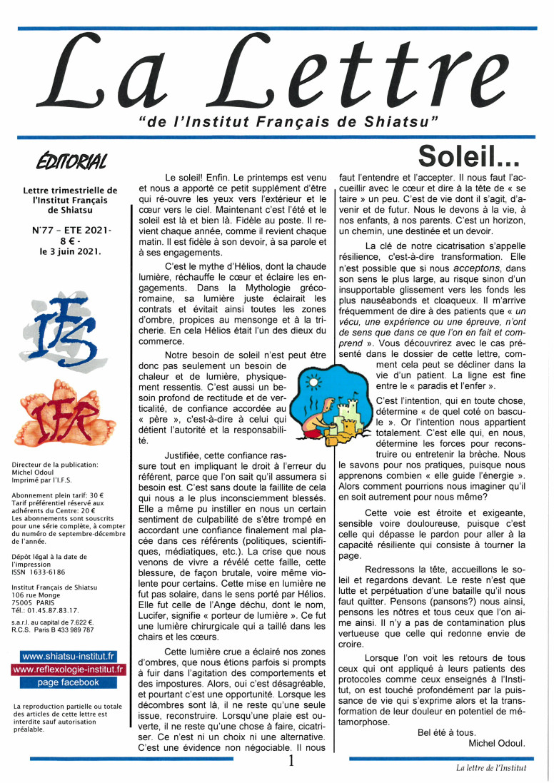 La Lettre de l'Institut Français de Shiatsu, Eté 2021