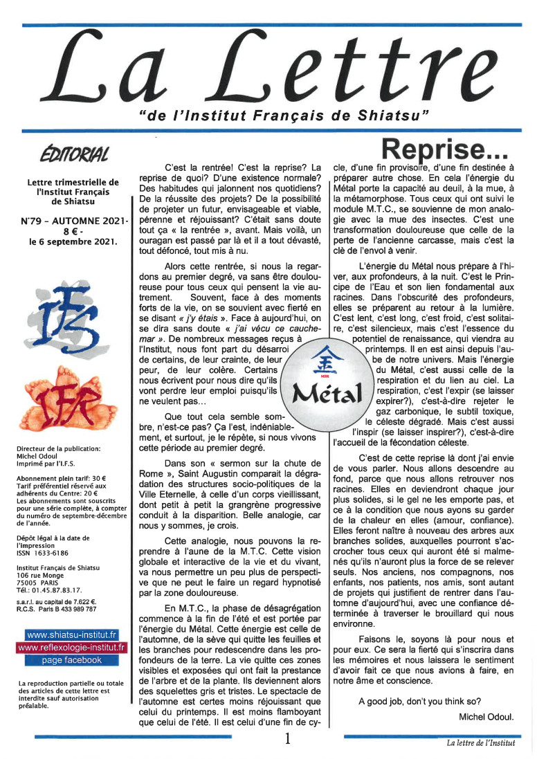 La Lettre de l'Institut Français de Shiatsu, Automne 2021