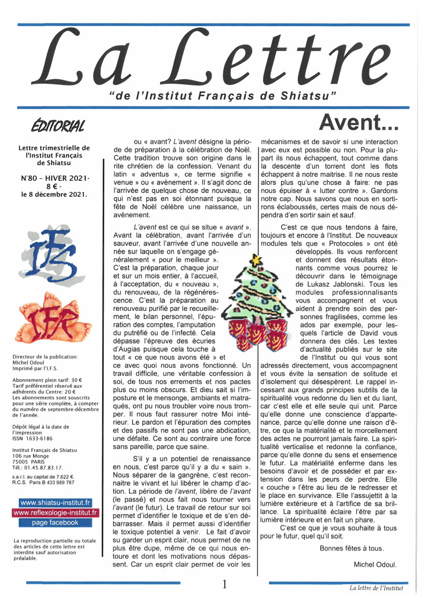 La Lettre de l'Institut Français de Shiatsu, Hiver 2021