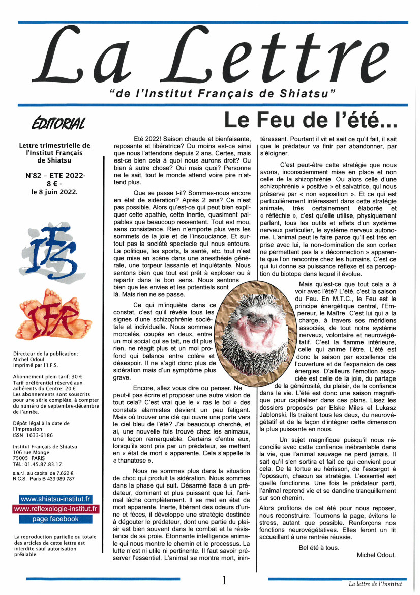 La Lettre de l'Institut Français de Shiatsu, Printemps 2022