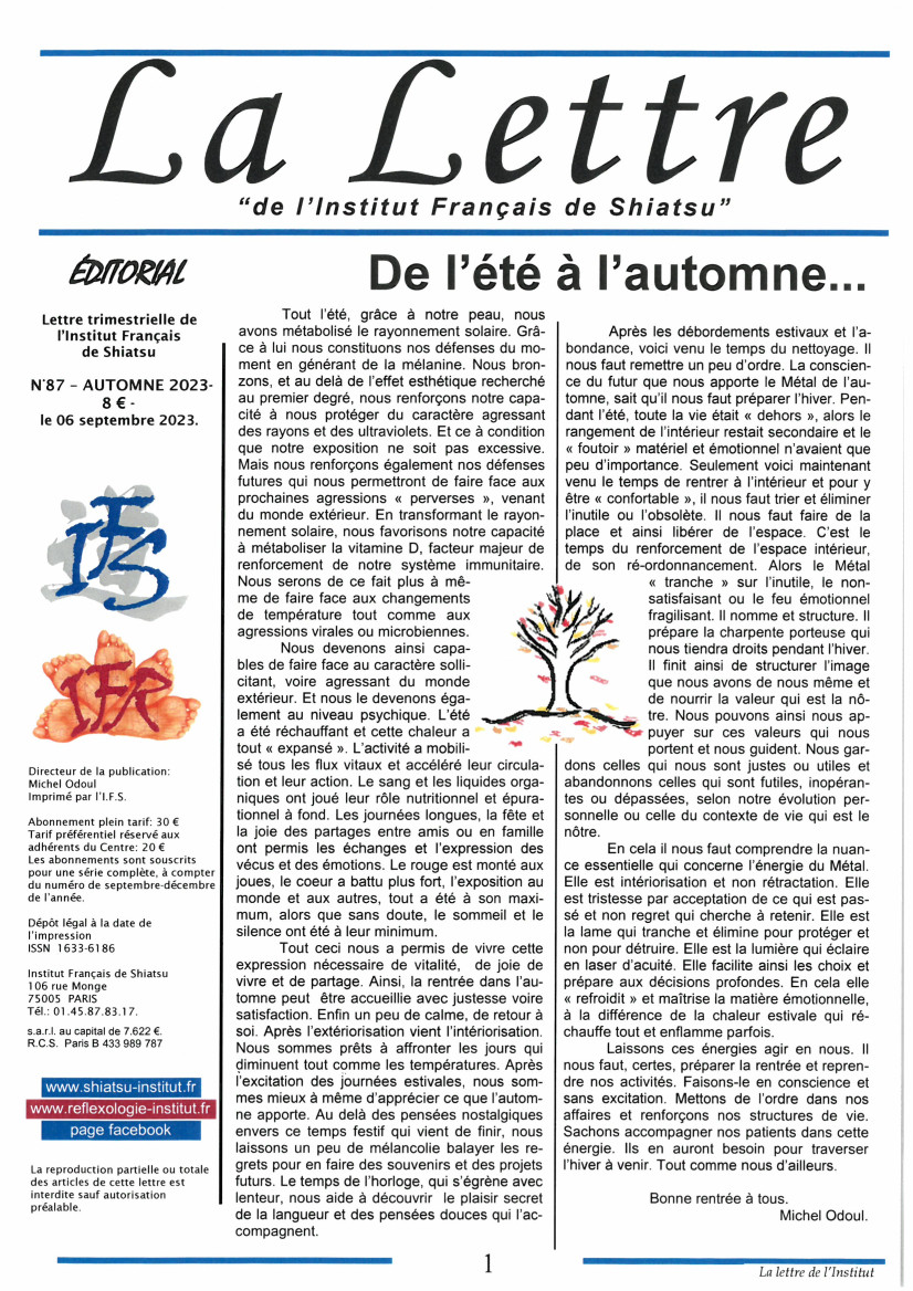 La Lettre de l'Institut Français de Shiatsu, Automne 2023