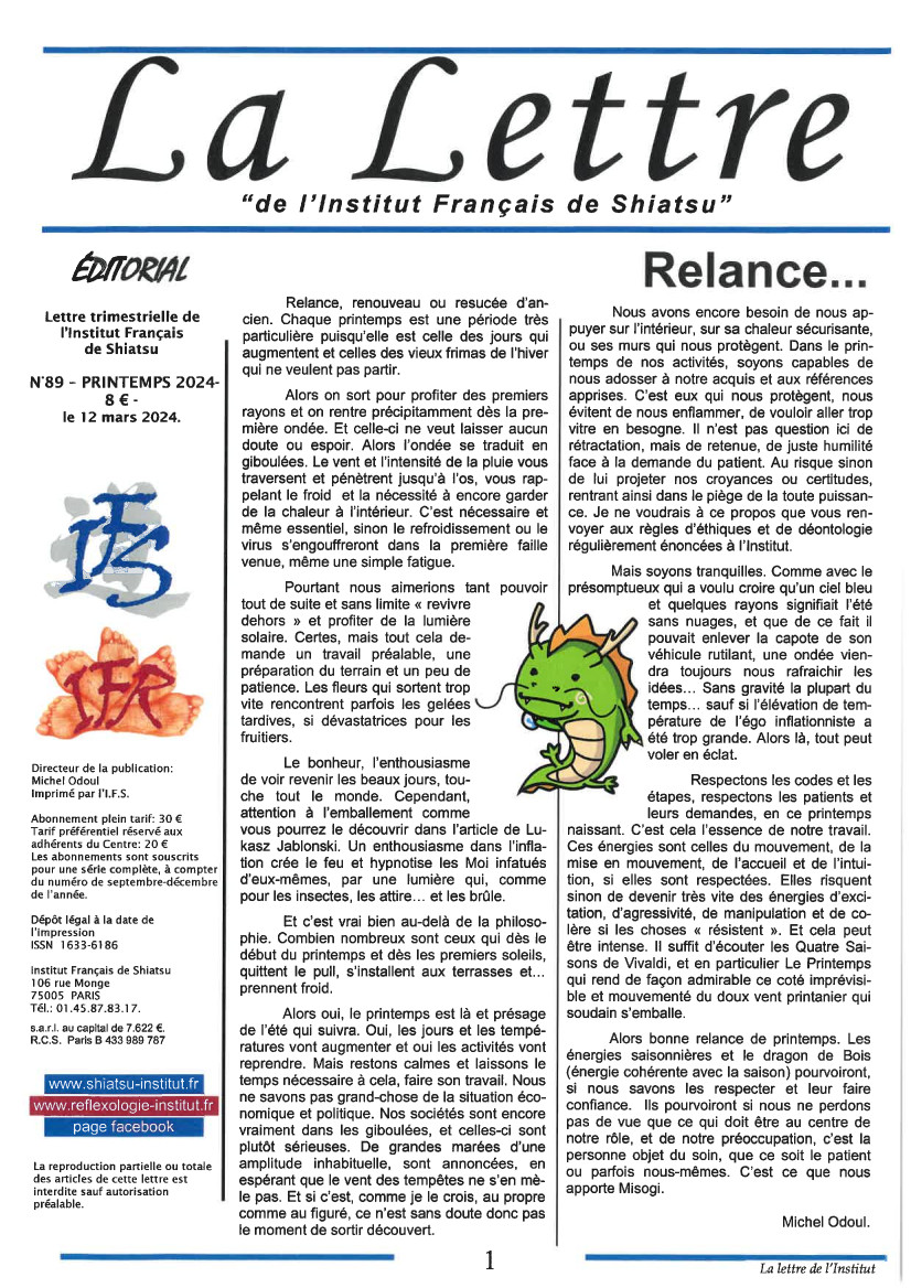 La Lettre de l'Institut Français de Shiatsu, Printemps 2024