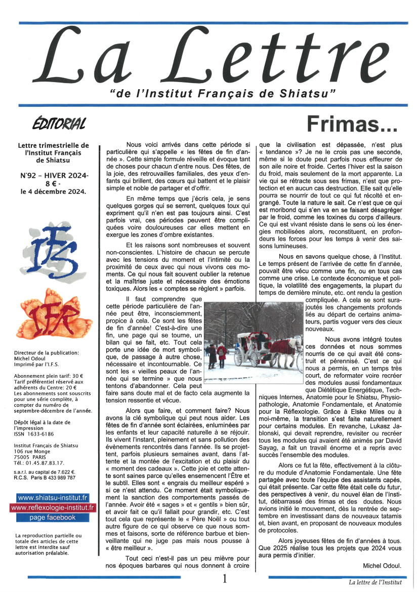 La Lettre de l'Institut Français de Shiatsu, Hiver 2024
