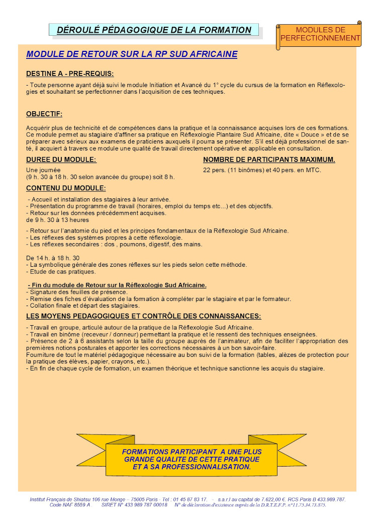 Description du Module de Retour sur la Réflexologie Plantaire Sud Africaine
