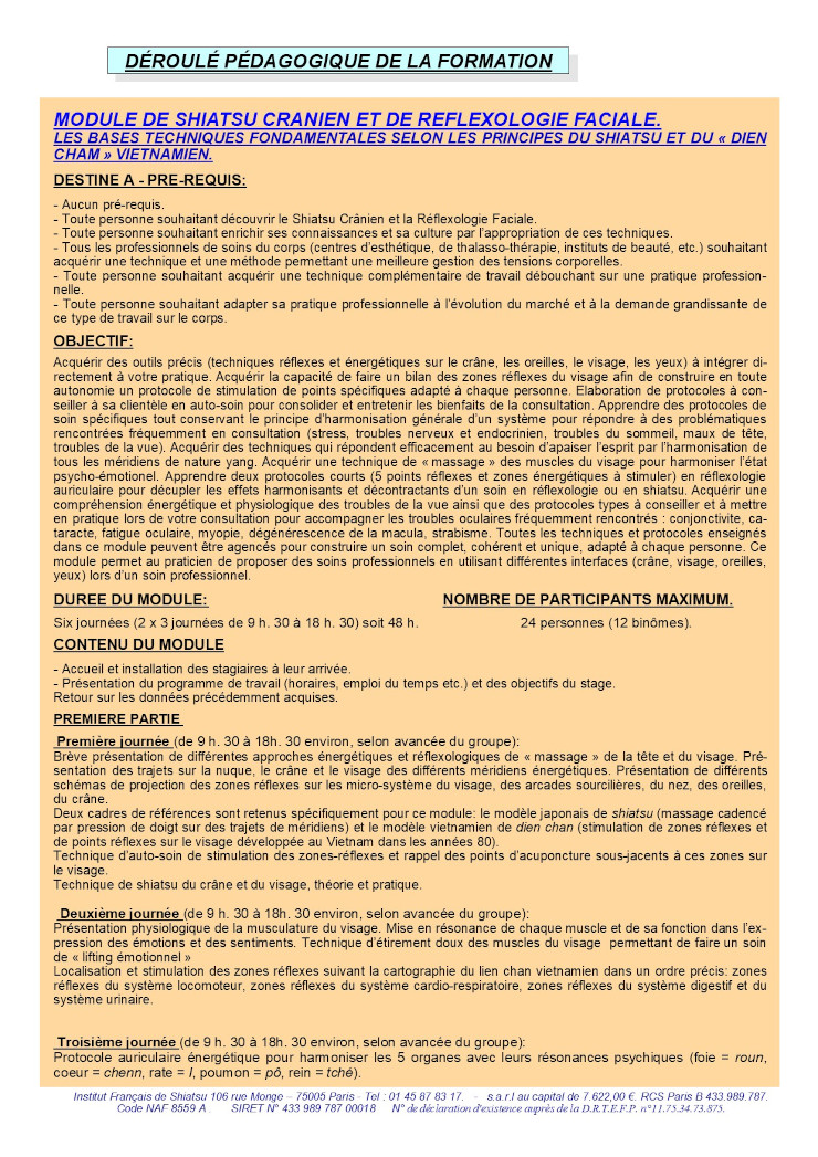 Description du Module de Shiatsu crânien et de Réflexologie Faciale, part1
