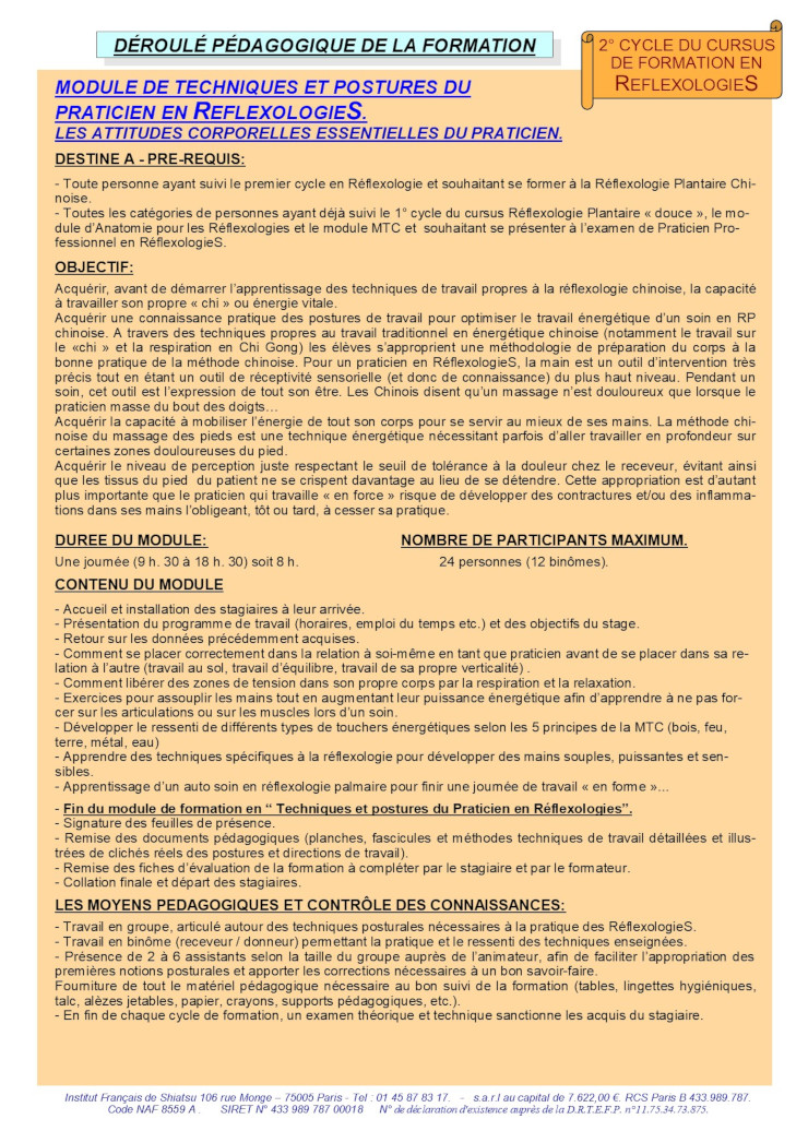 Description du Module de Techniques et Postures du Praticien en RéflexologieS
