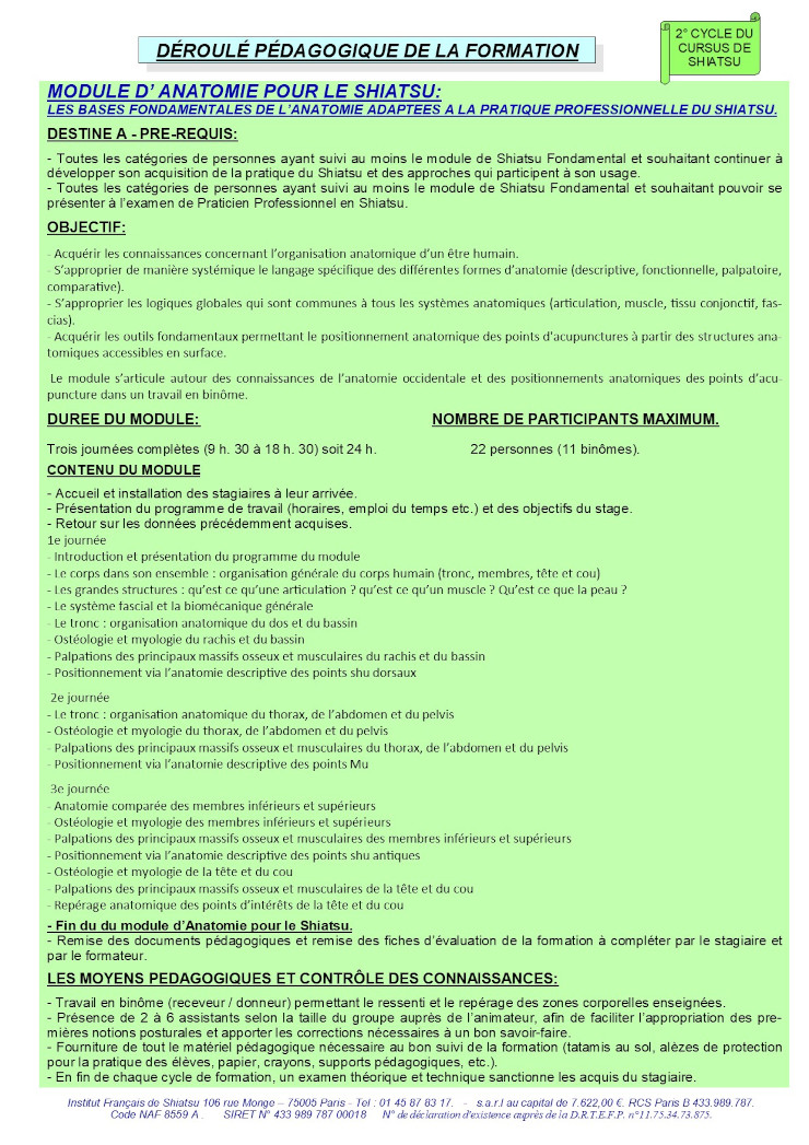 Description du Module d'Anatomie-Physiologie pour le Shiatsu
