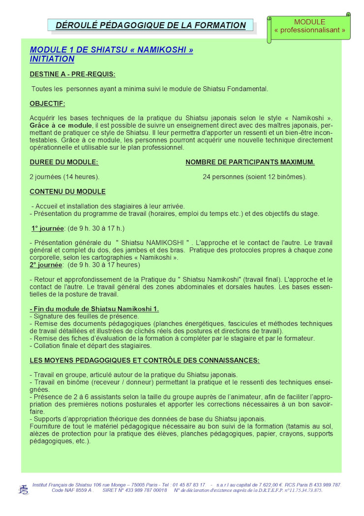 Description du Module 1 de Shiatsu Namikoshi - Initiation
