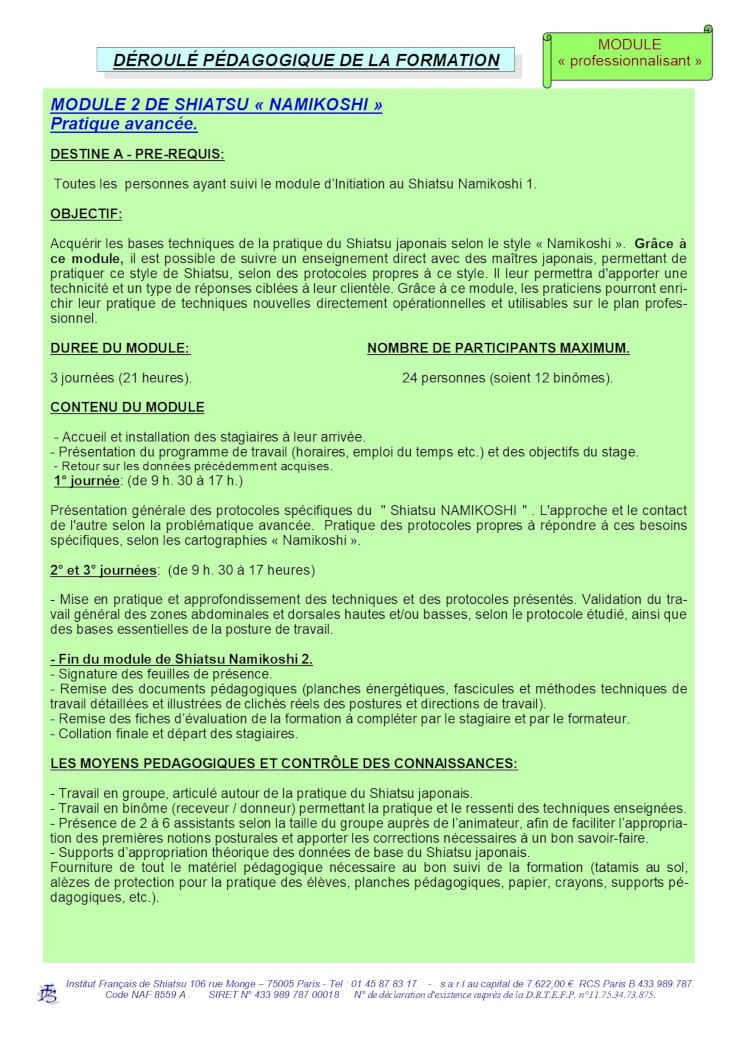 Description du Module 2 de Shiatsu Namikoshi - Pratique avancée