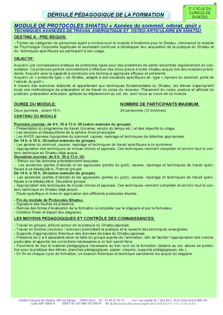 Description du Module de Protocoles Shiatsu Apnées du sommeil, odorat, goût