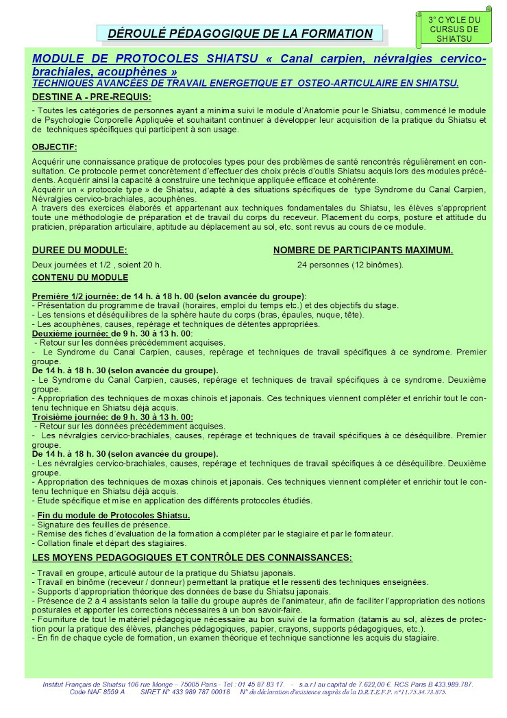 Description du Module de Protocoles Shiatsu Canal carpien, névralgies cervico-brachiales, acouphènes