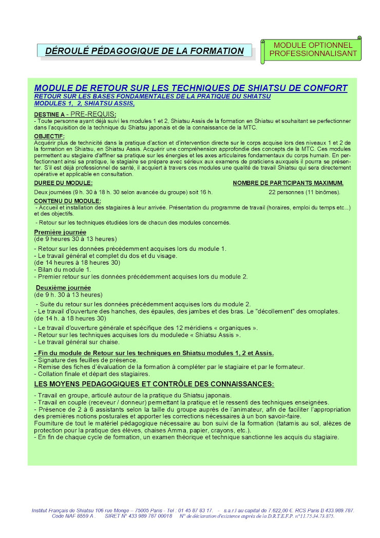 Description Module de Retour sur le Shiatsu de Confort