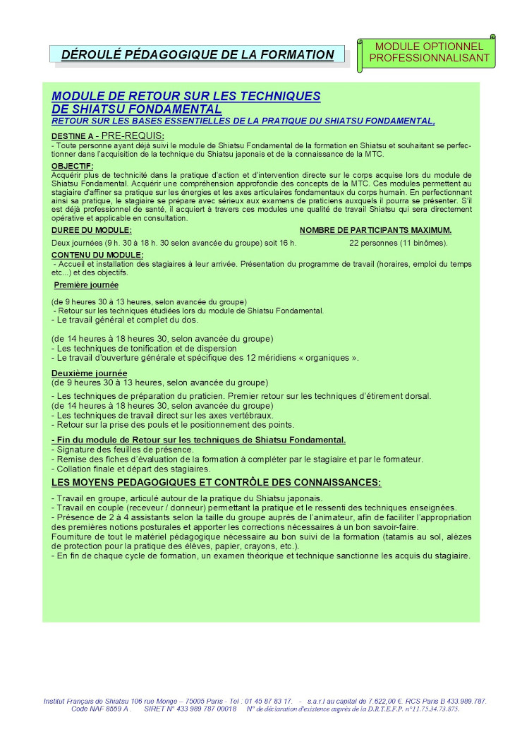 Description du Module de Retour sur les techniques de Shiatsu Fondamental