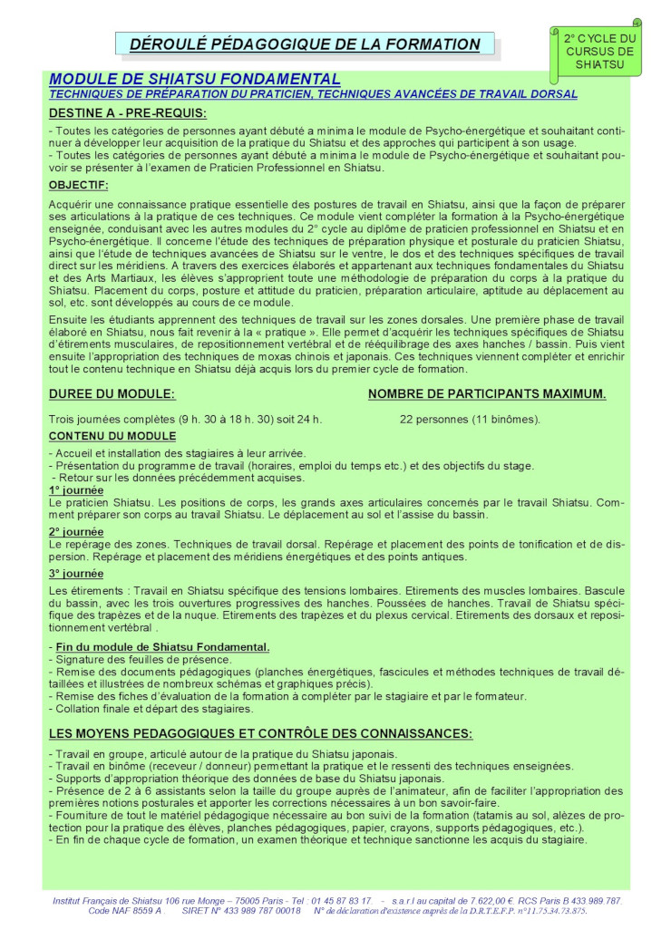 Description du Module de Shiatsu Fondamental