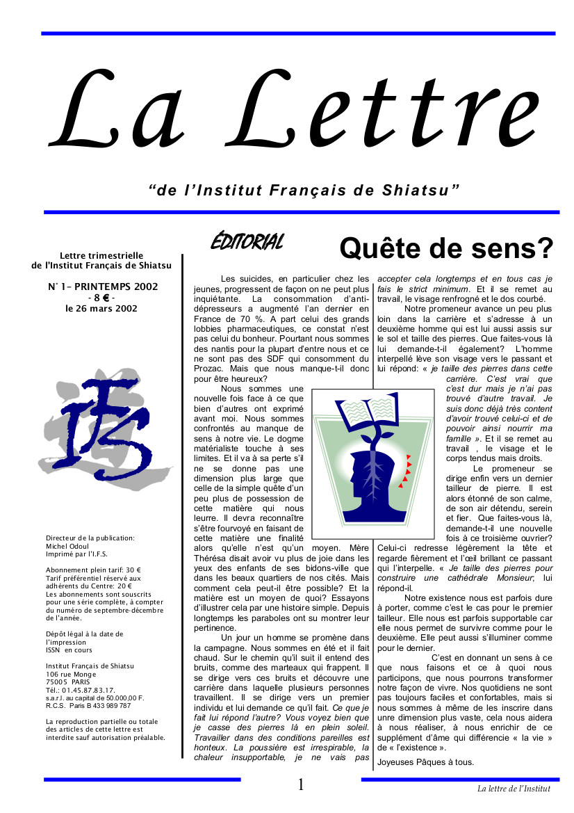 La Lettre de l'Institut Français de Shiatsu, Printemps 2002