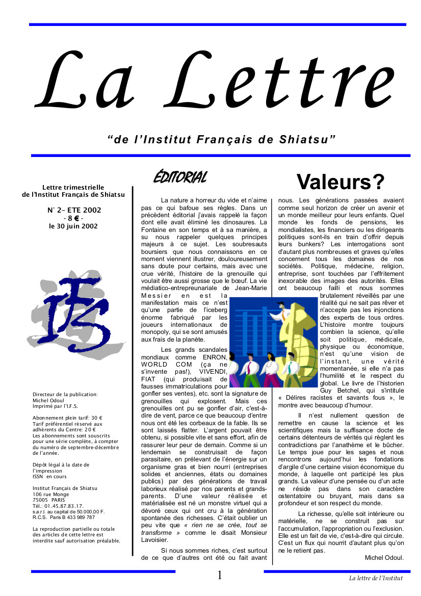 La Lettre de l'Institut Français de Shiatsu, Eté 2002
