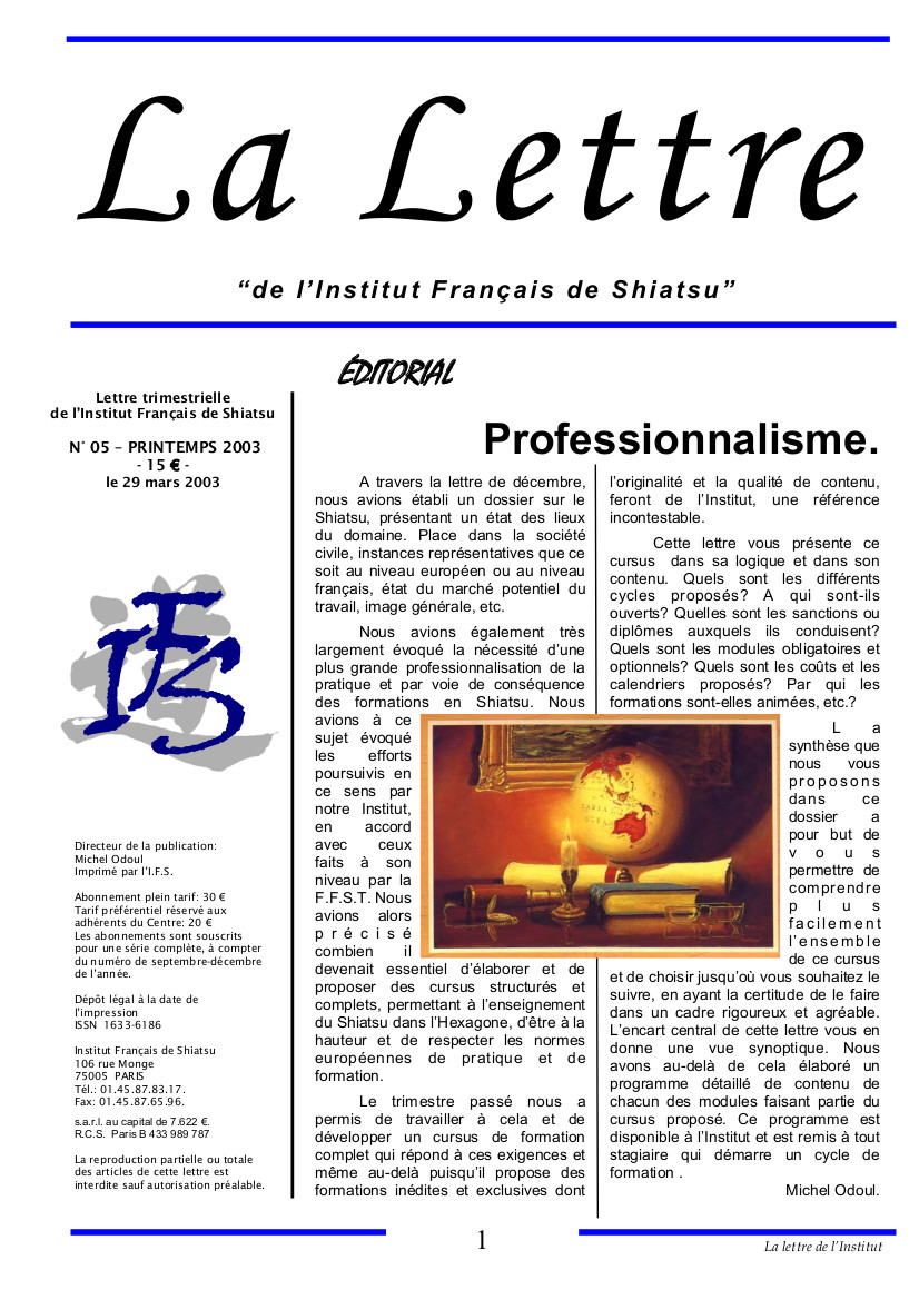 La Lettre de l'Institut Français de Shiatsu, Printemps 2003