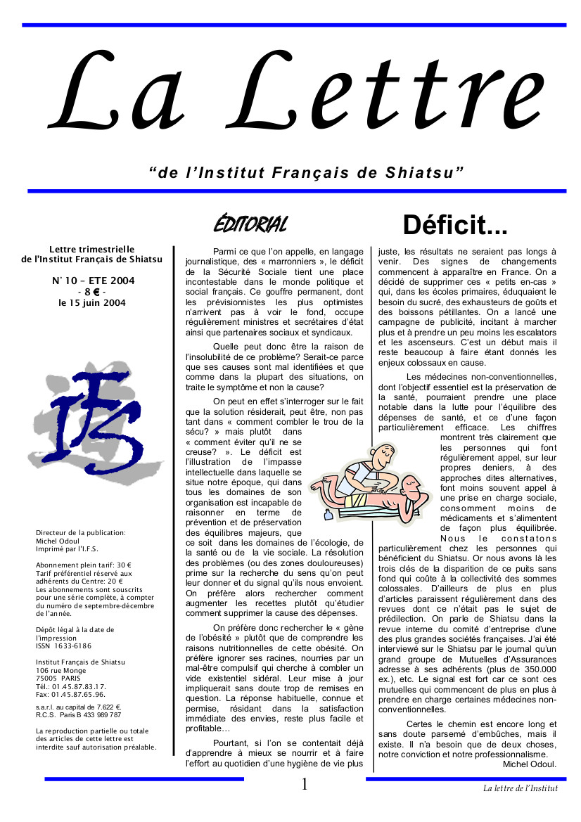 La Lettre de l'Institut Français de Shiatsu, Eté 2004