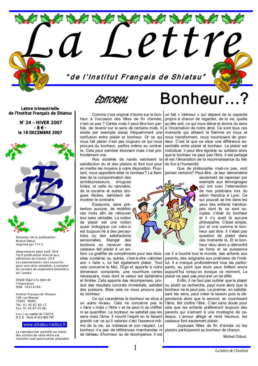 La Lettre de l'Institut Français de Shiatsu, Hiver 2007