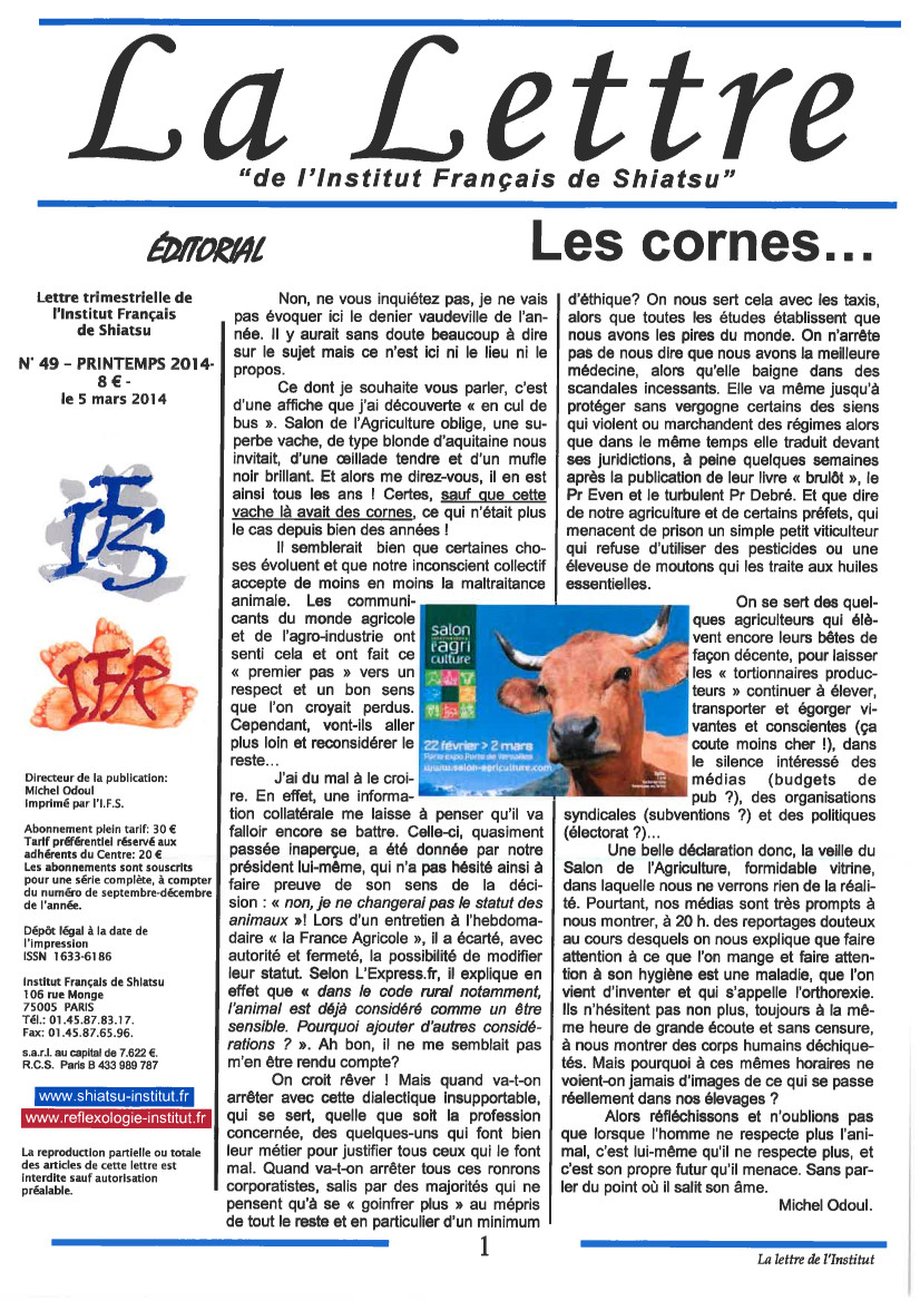 La Lettre de l'Institut Français de Shiatsu, Printemps 2014