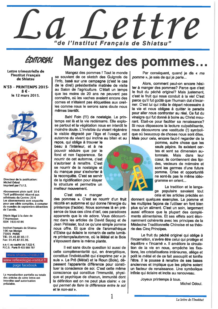 La Lettre de l'Institut Français de Shiatsu, Printemps 2015